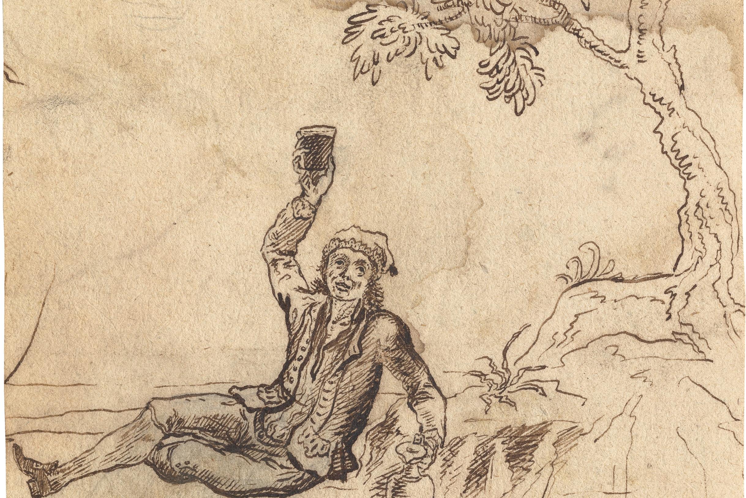 Der Zecher - Zeichnung vom aus Krefeld-Hüls stammenden Pfarrer Heinrich Rosen (1727-1804), der sich u. a. mit Obstanbau aber auch mit Mineralogie beschäftigte.