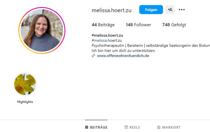 Profil einer digitalen Streetworkerin für Einsame auf Instagram