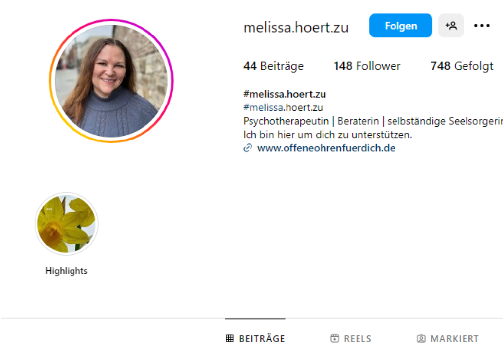 Profil einer digitalen Streetworkerin für Einsame auf Instagram