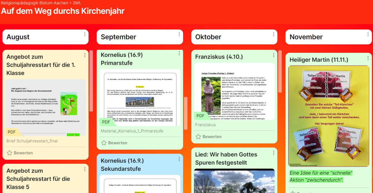 Ausschnitt TaskCards-Pinnwand zum Kirchenjahr