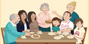 Familie Müller Familie aus mehreren Generationen versammelt um den Küchentisch