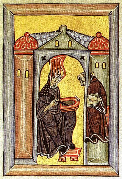 Hildegard von Bingen empfängt eine göttliche Inspiration.  - Miniatur aus dem Rupertsberger Codex des Liber Scivias.