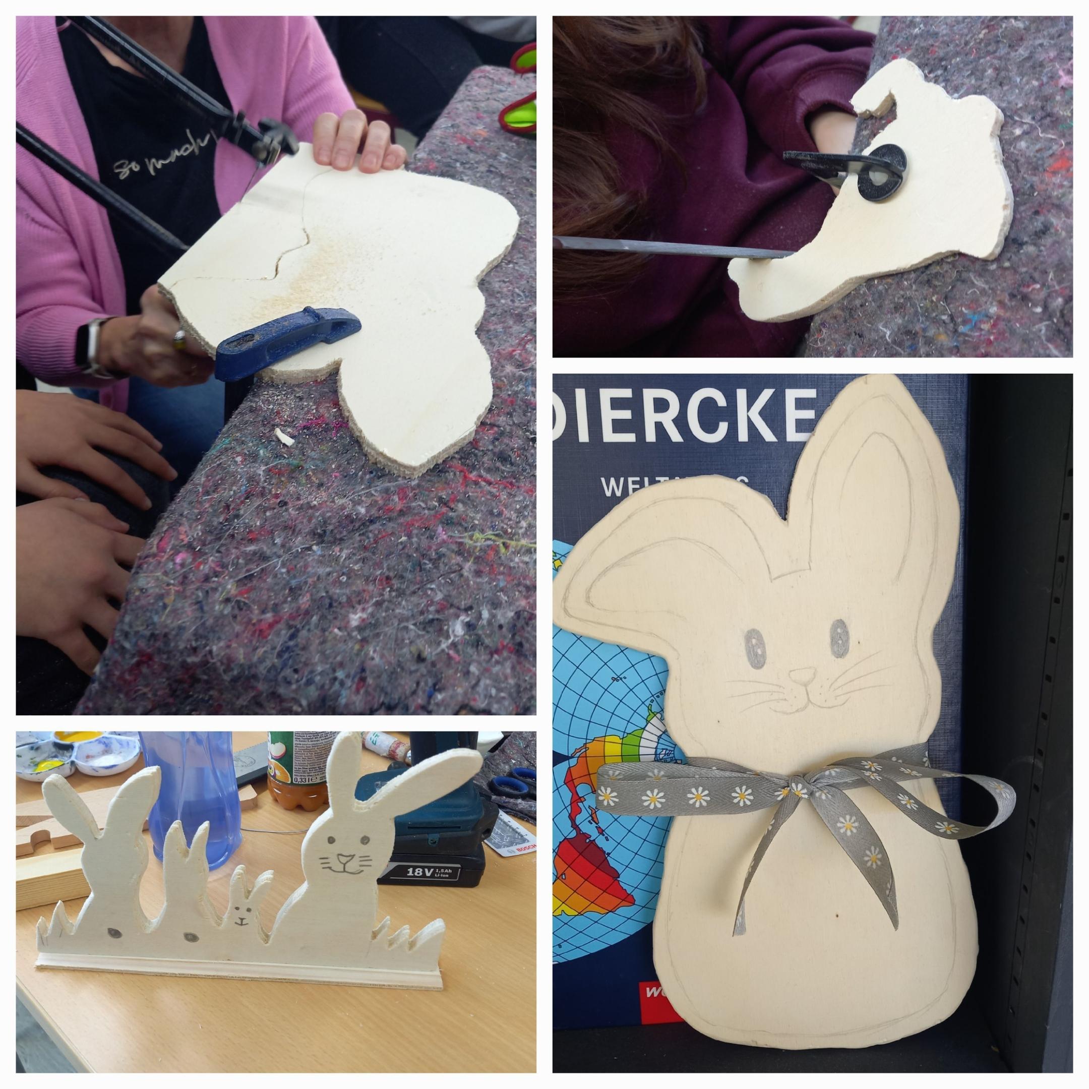 Hasen aus Holz , selbst gefertigt von der Schülerinnen