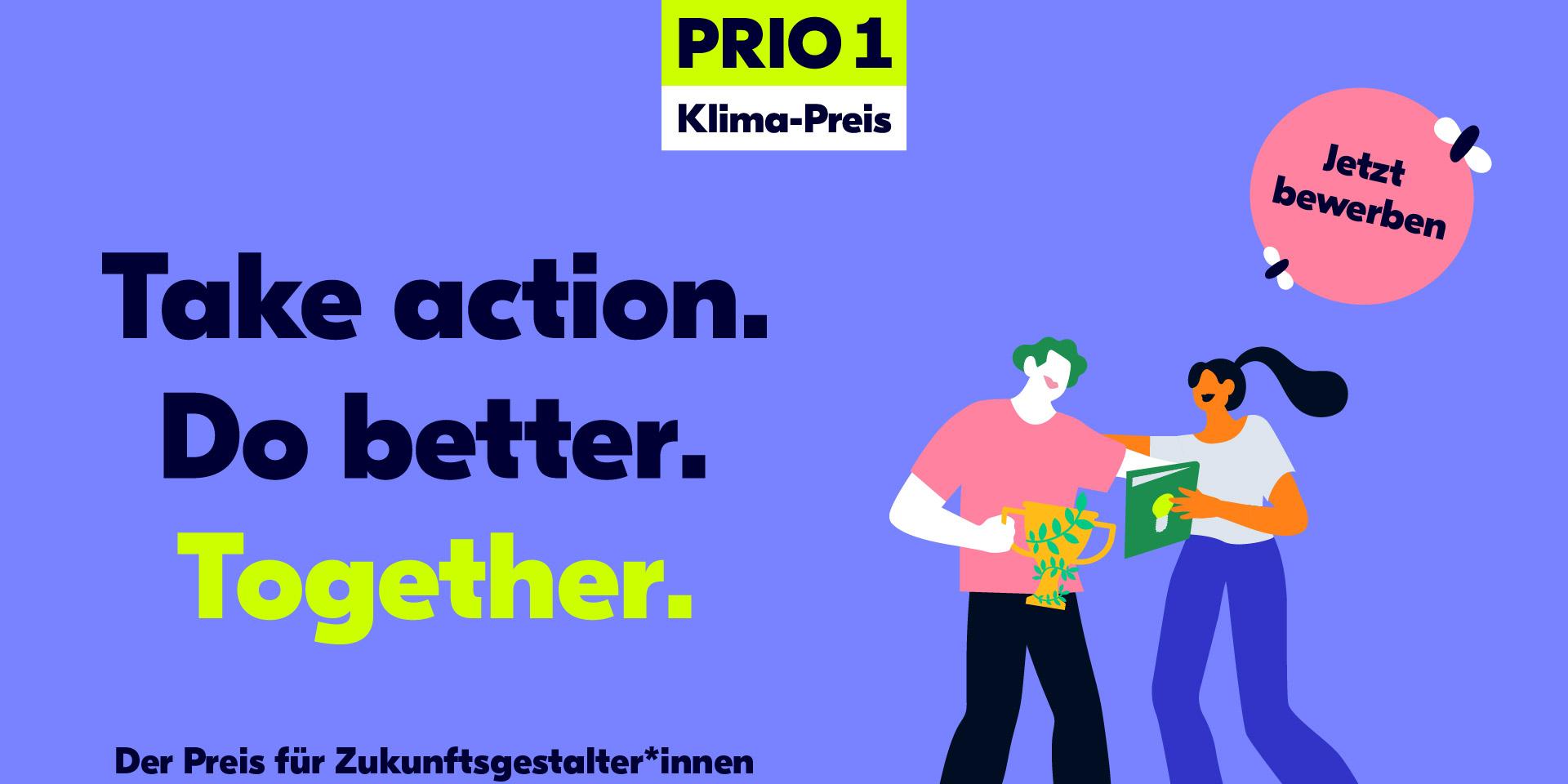 Slogan mit Comic Zeichnung von zwei Menschen, die einen Preis erhalten