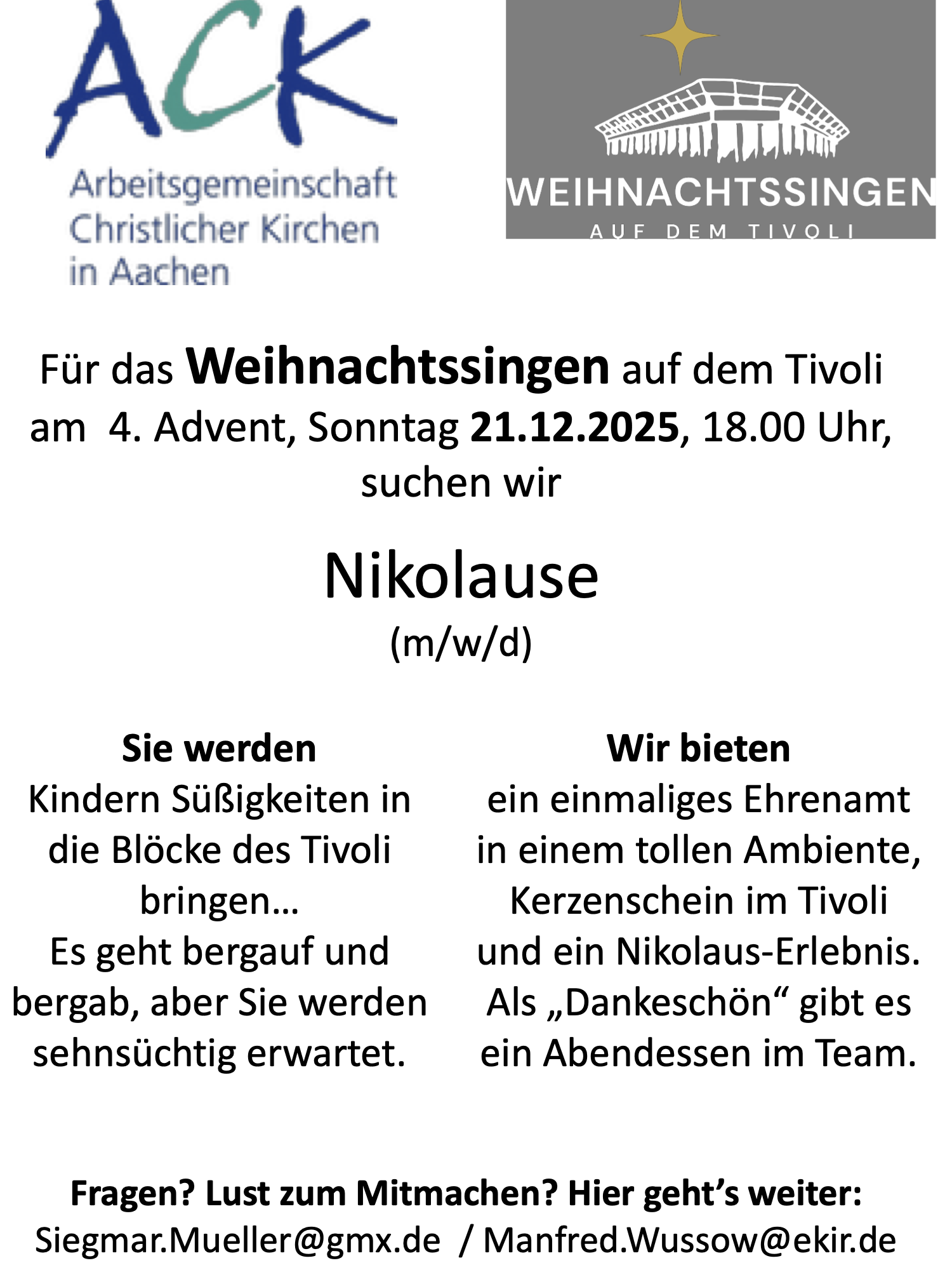 Stellenausschreibung Nikoläuse für Weihnachtssingen 2025