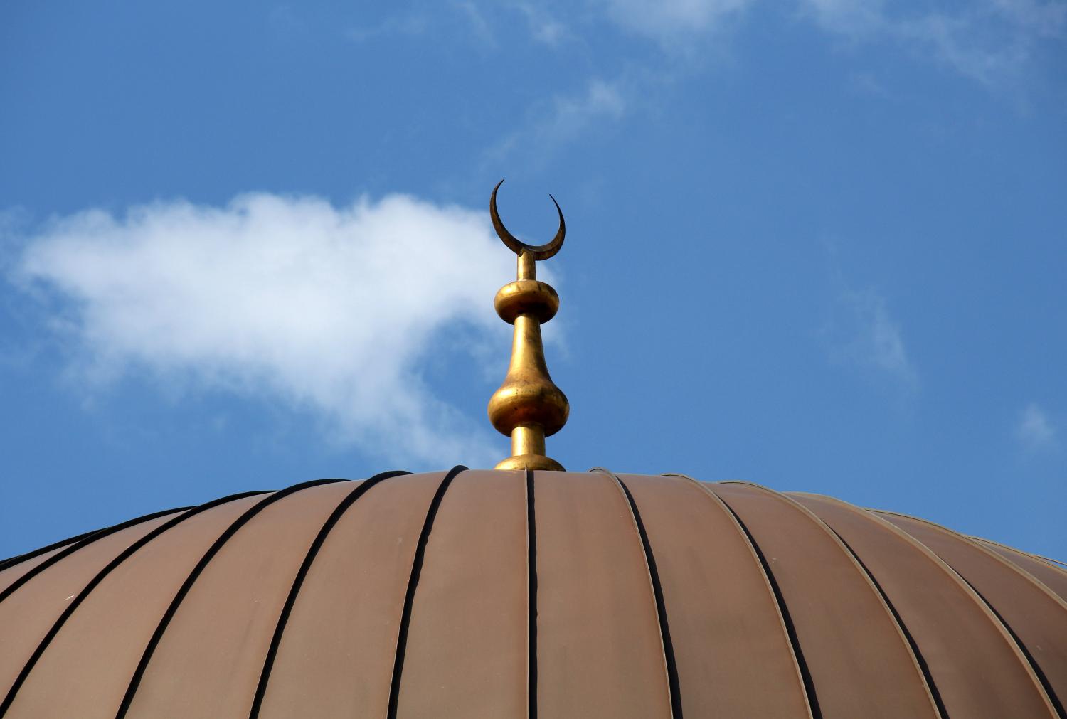 Oberer Teil der Kuppel einer Mosche, darauf ein Halbmond vor dem Himmel.