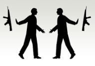 Scherenschnittartige Darstellung zweier Personen, die aufeinander zugehen, um sich die Hand zu reichen. Hinter sich werfen sie jeweils eine Waffe fort.