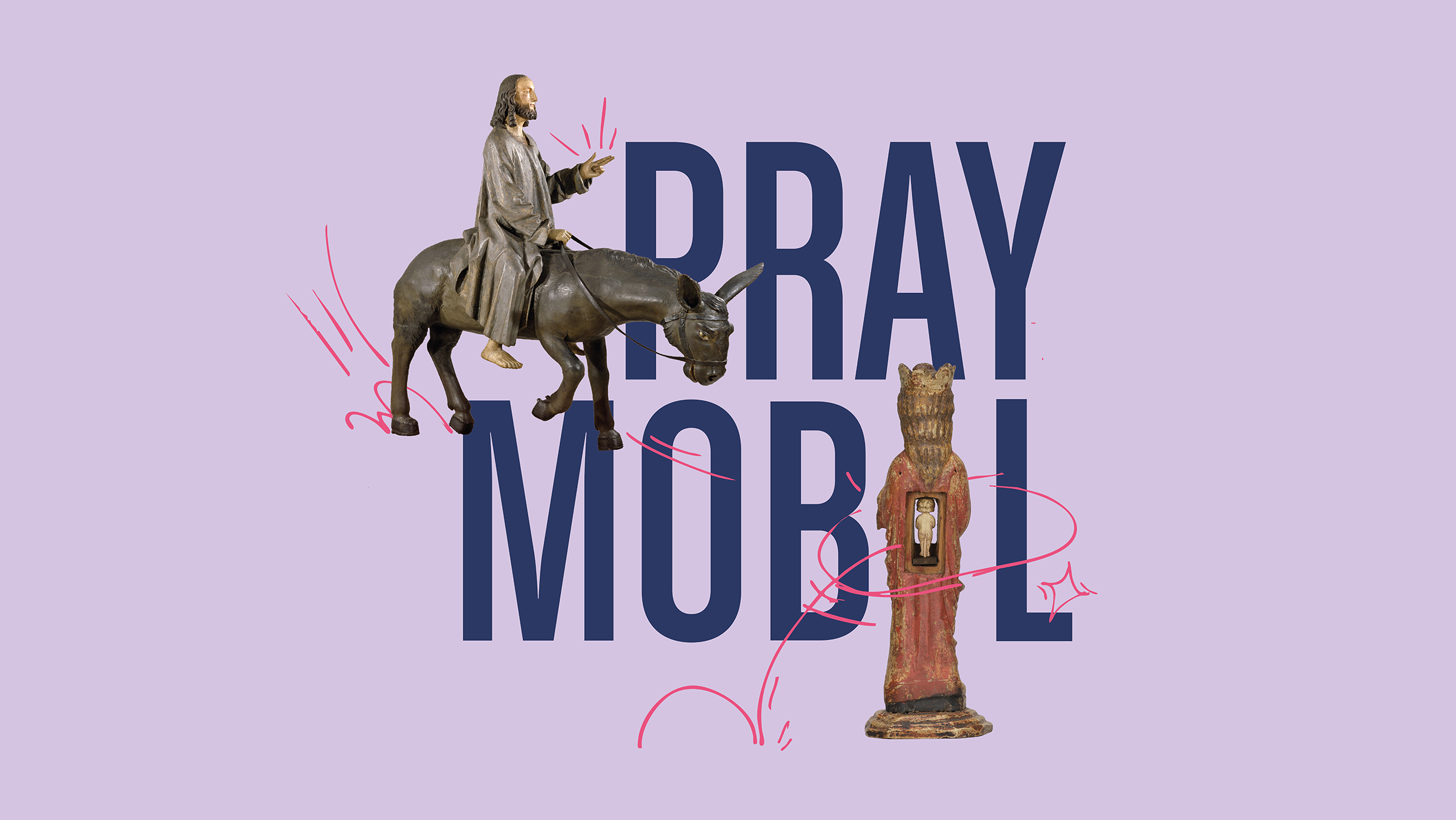 Schriftzug 'Praymobil', das ist der Titel einer Kunstausstellung im Suermondt Ludwig Museum in Aachen, mit zwei Kunstwerken, die hinzugesetzt sind: das eine zeigt Jesus, der auf einem Esel reitet, das andere eine schwangere Maria