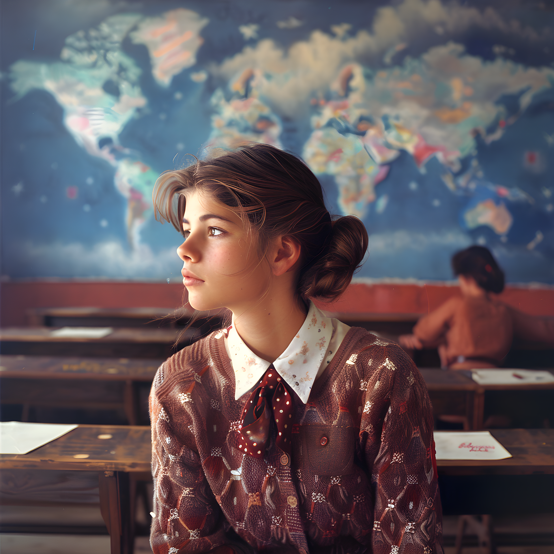 Eine Schülerin sitzt in einem Klassenraum und schaut versonnen in die Ferne. Hinter ihr eine blaue Wand mit einer Weltkarte, die Kontinente erinnern an bunte Wolken.