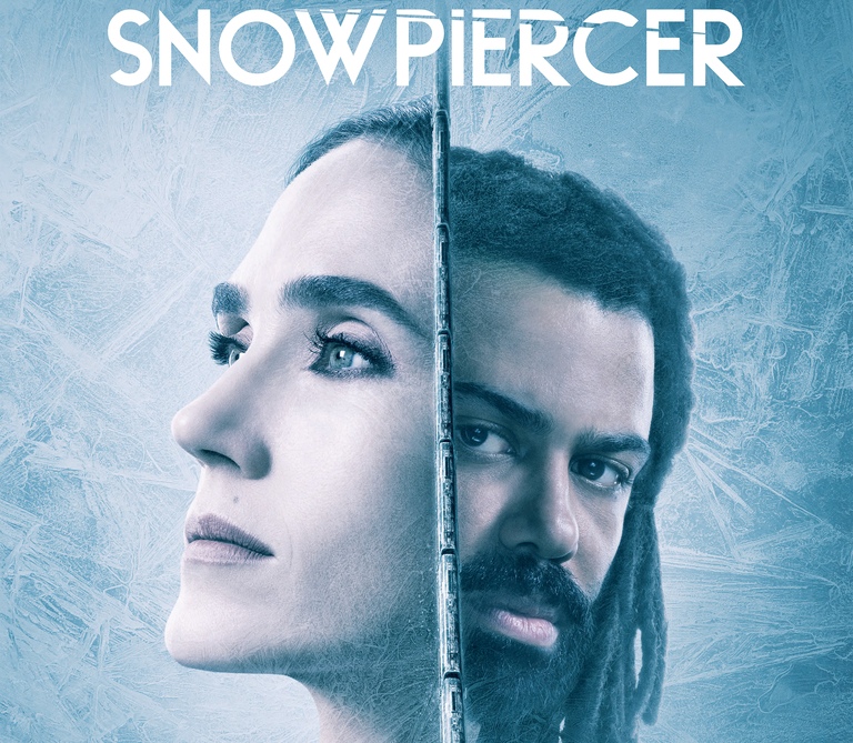 Plakat für die Serie 'Snowpiercer', eisiger Hintergrund, geteiltes Motiv, links schaut eine Frau nach links aus dem Bild, rechts ein Mann