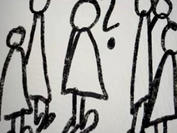 schwarz-weiß Zeichnung, Strichmännchen mit einem Fragezeichen in der Mitte