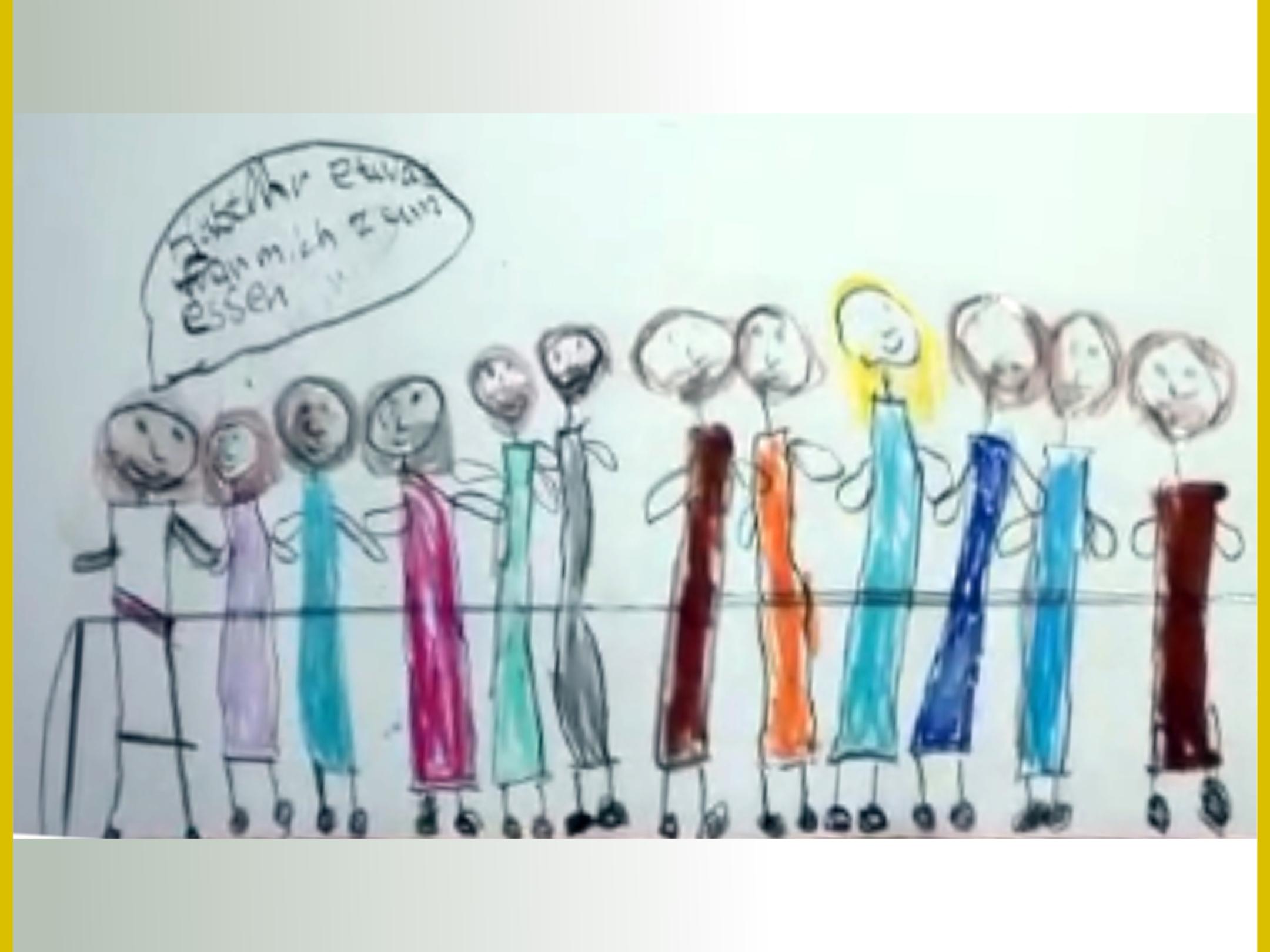 gemalt: 13 Jünger sitzen mit Jesus an einem Tisch.