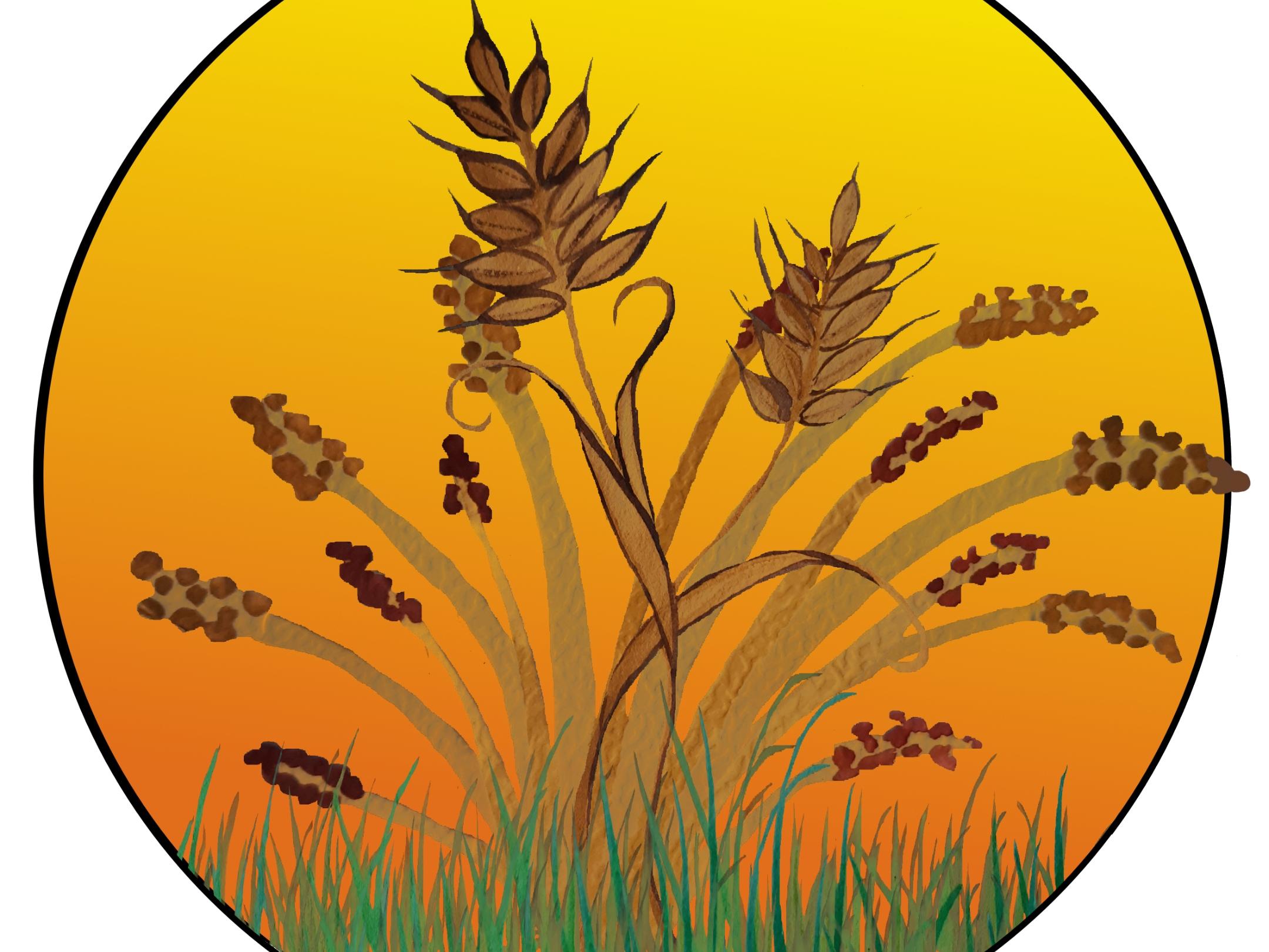gemaltes Bild im Kreis: Ähren hinter einer Wiese