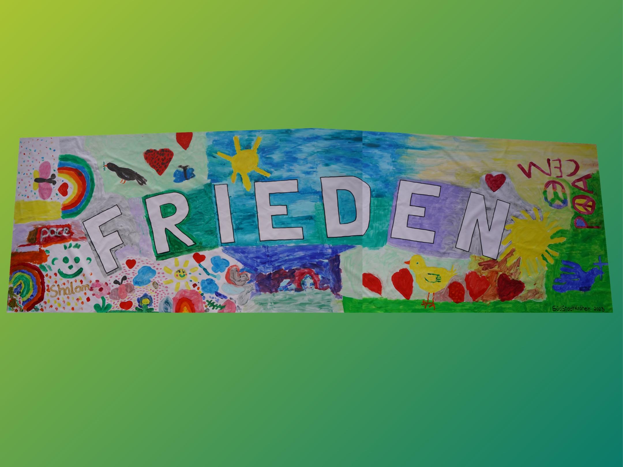 gemaltes Banner: mit dem Wort 'Frieden' in der Mitte und vielen Symbolen darin