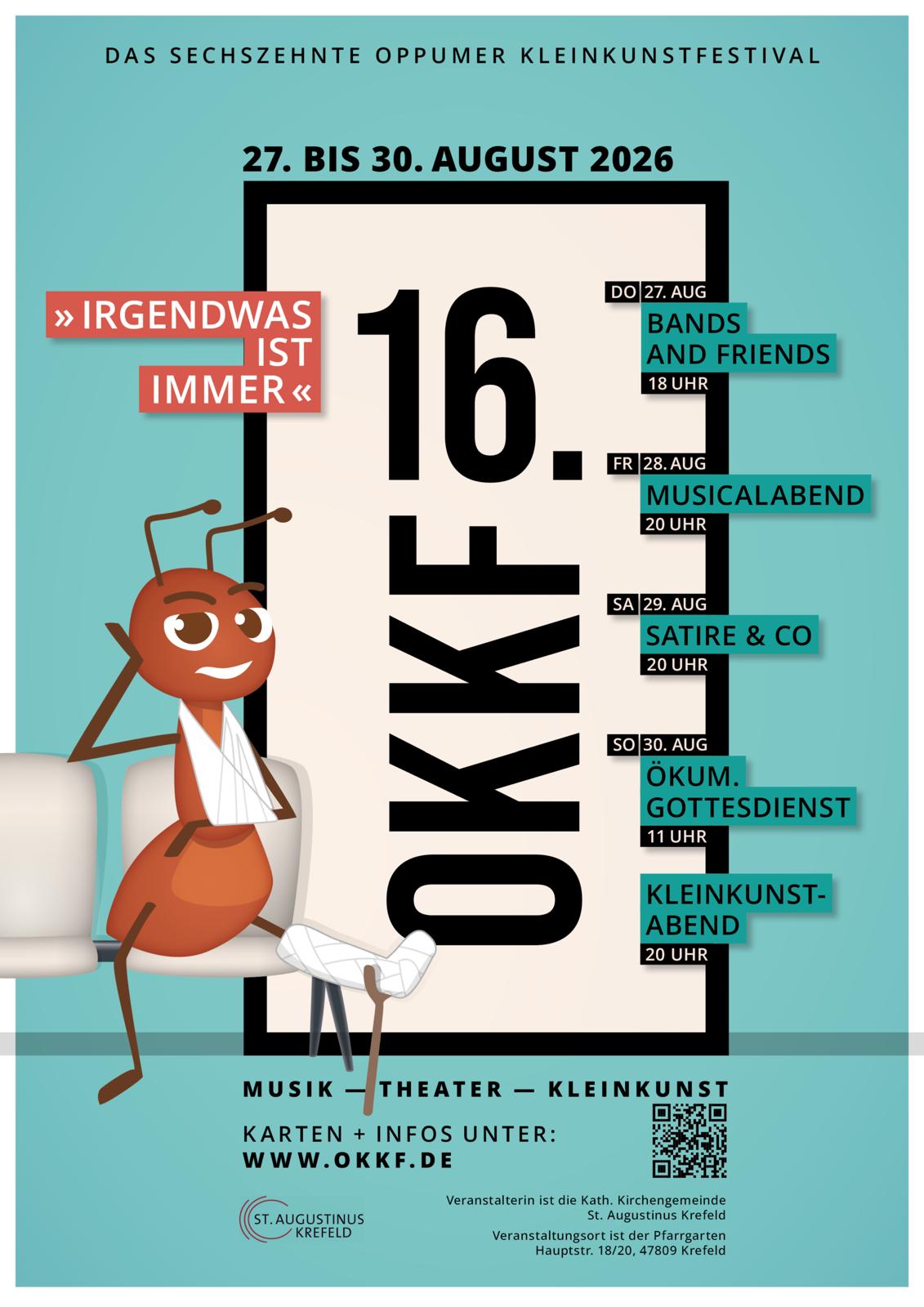 Plakat für das sechzehnte Oppumer Kleinkunstfestival vom 27. bis 30. August 2026 mit Terminen und Veranstaltungen sowie einer gezeichneten Ameise mit Gipsarm auf einem Stuhl.