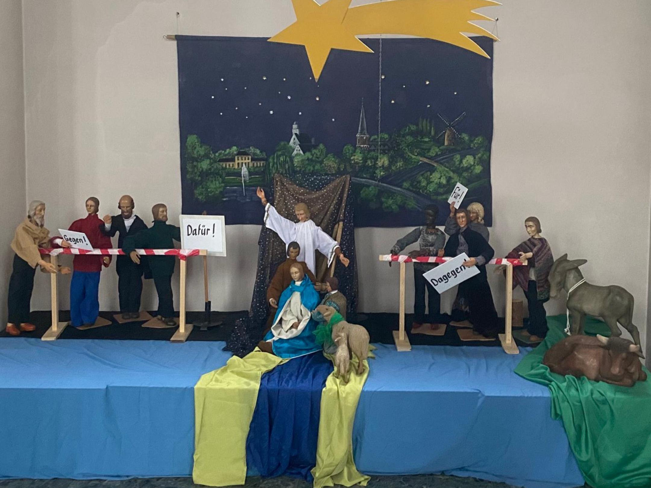 Krippendrastellung mit moderner Interpratione: Gruppe Dafür+ Gruppe Dagegen - unversöhnlich gegeneinander