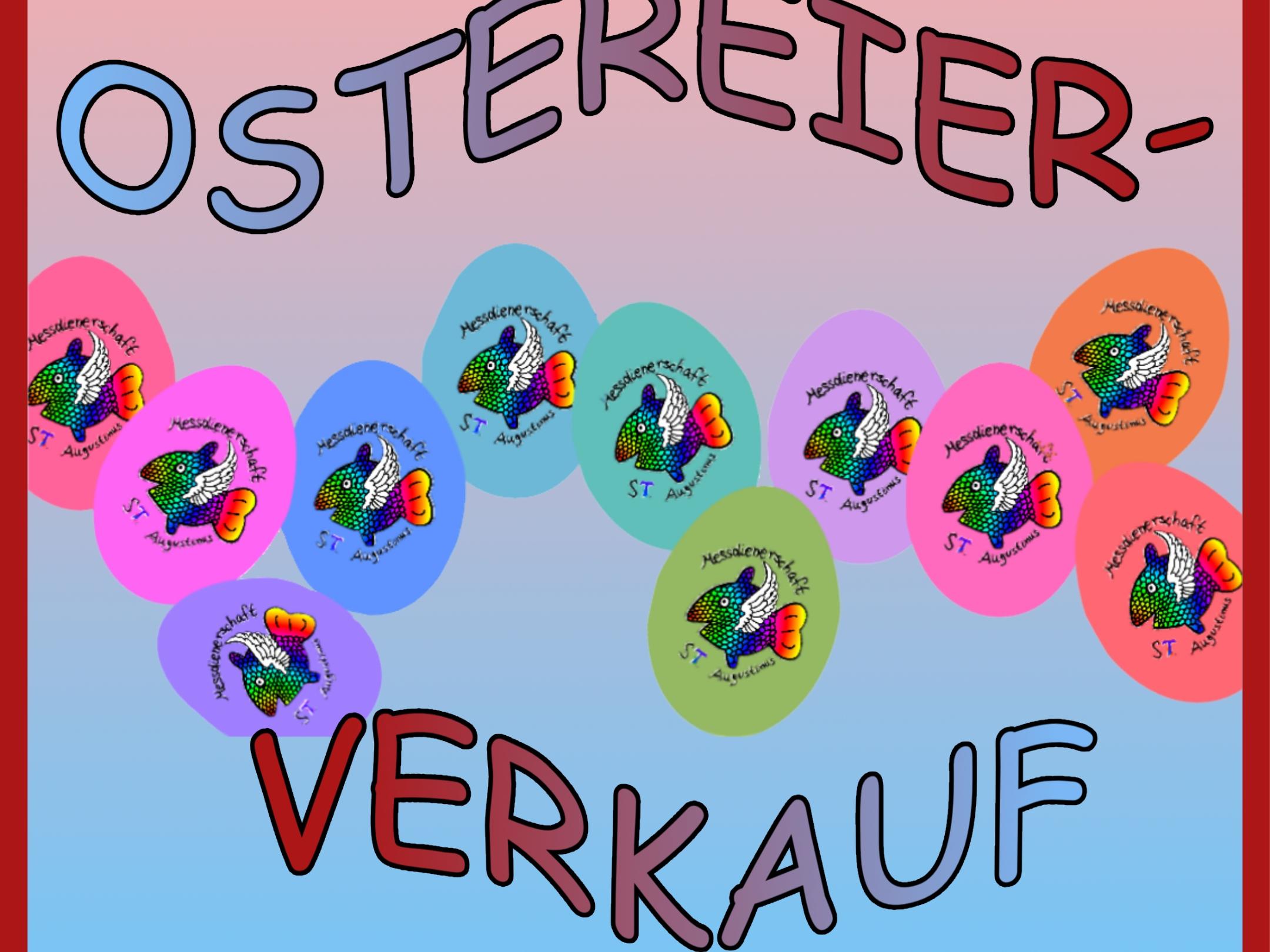 gemaltes Bild in rotem Rahmen: elf verschiedenfarbige Ostereier; darüber Titel