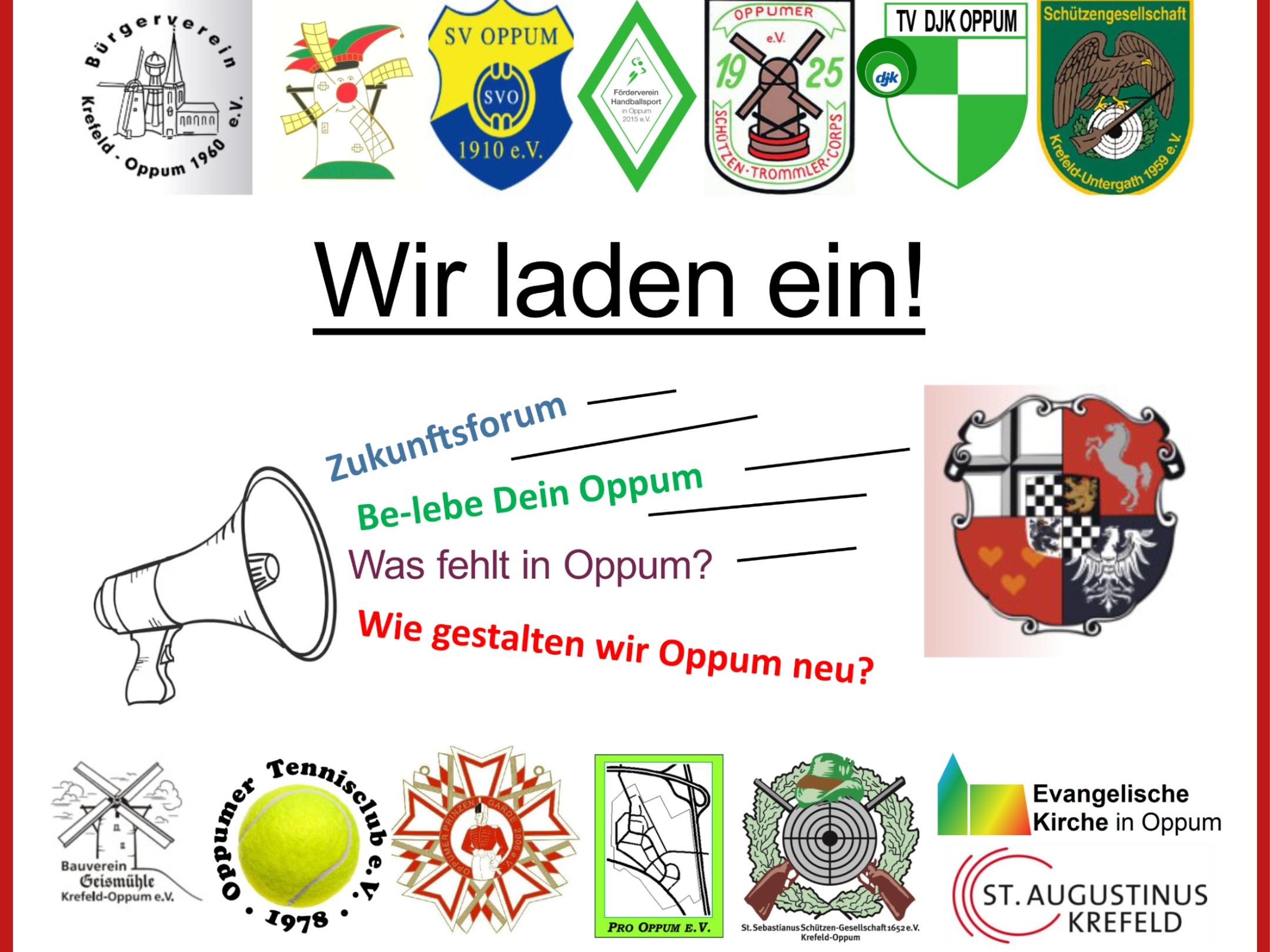 Quadrat mit rotem Rahmen: Worte 'Wir laden ein!' viele Logos verschiedener Oppumer Vereine