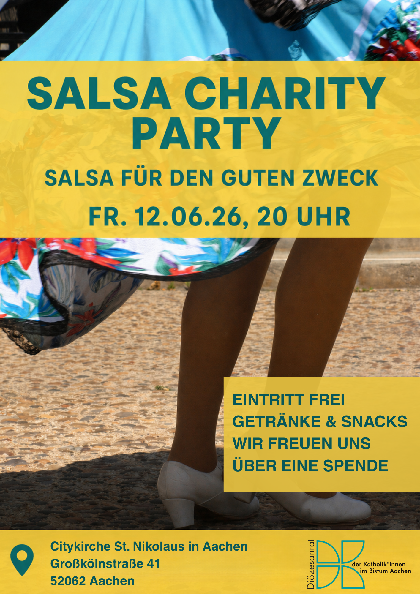 Das Plakat zeigt eine Person, die Salsa tanzt sowie Eckdaten zur Veranstaltung.